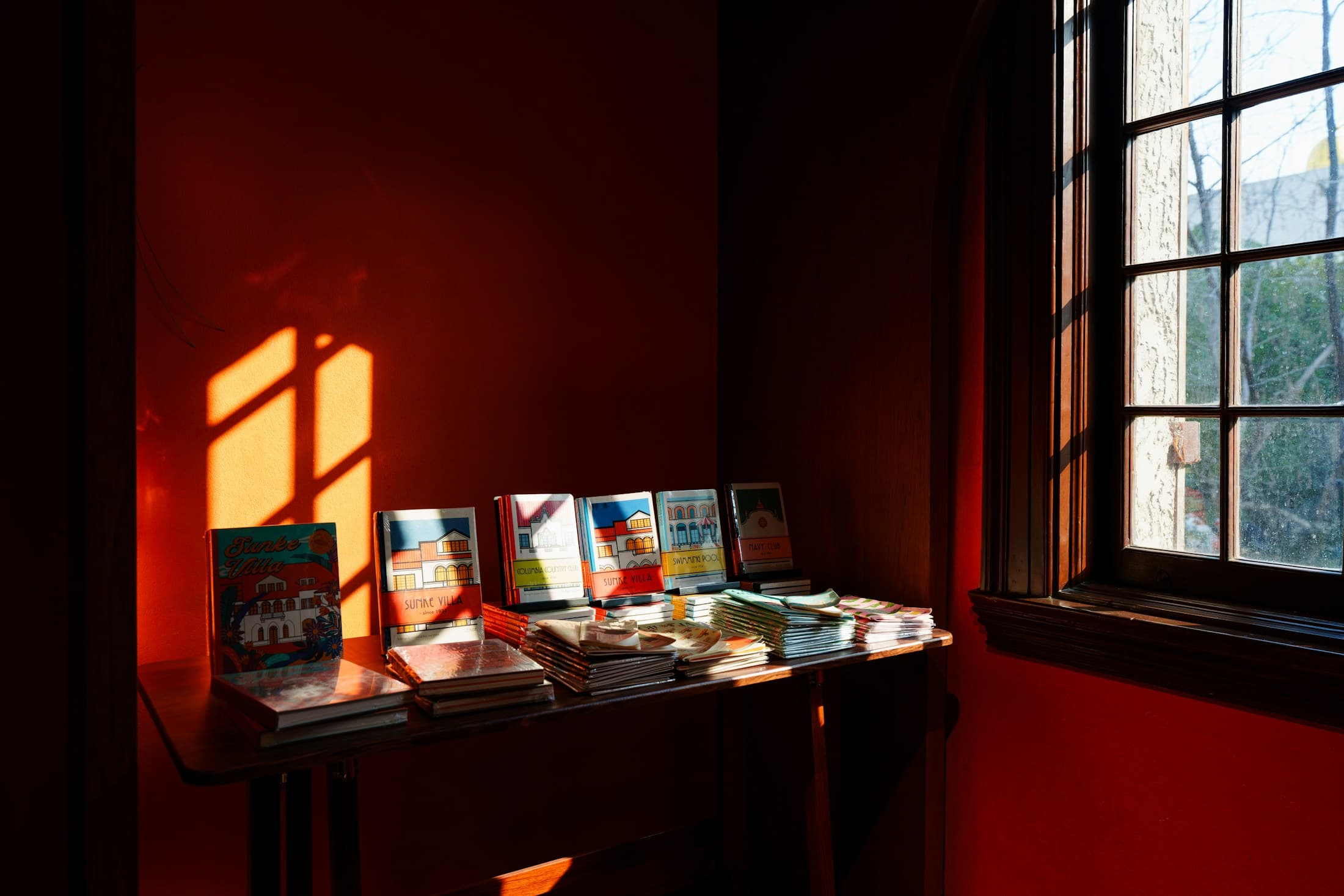 Books and magazines gathered beside a sunlit window.